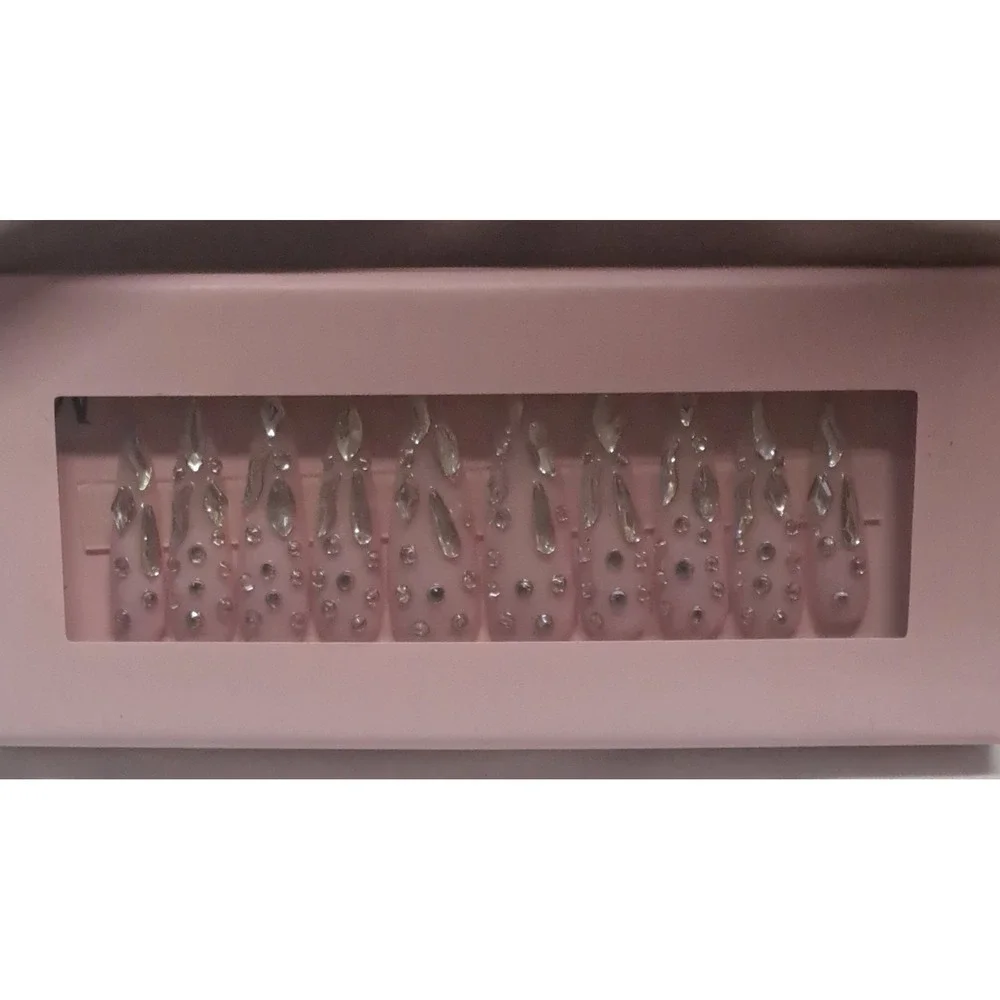 Handmade Almond Stiletto Press On Nails Pink Chrome Drip Rhinestone Bling Glam - Picture 2 of 5